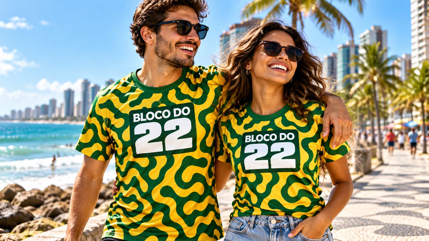 Casal vestindo a camisa do Bloco do 22 na orla de Boa Viagem